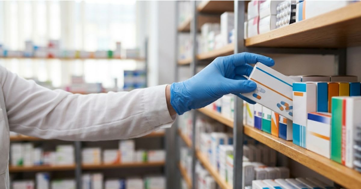 Boîtes de gélules retirées d'une étagère de pharmacie, ambiance sobre