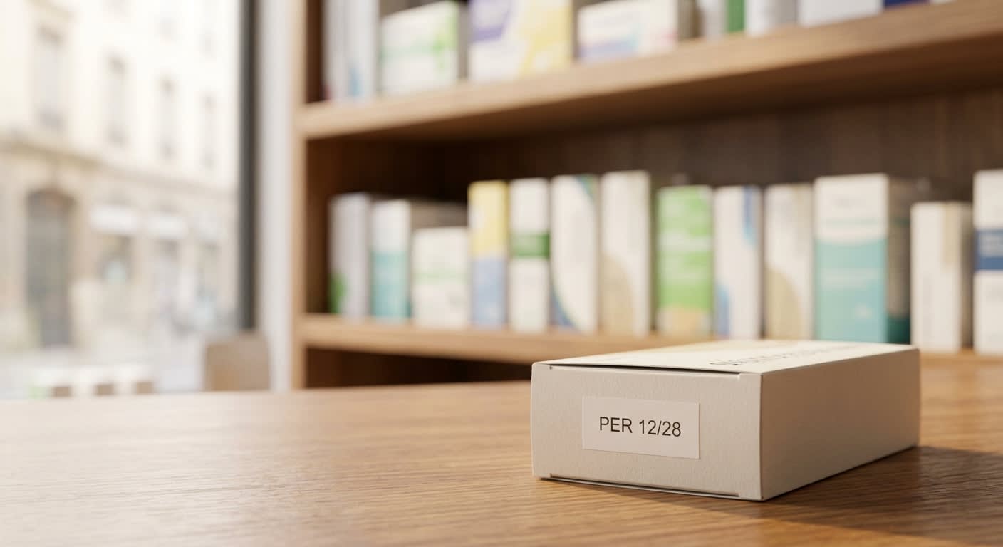 Boîtes de médicaments alignées sur une étagère de pharmacie avec une horloge en arrière-plan, ambiance sobre