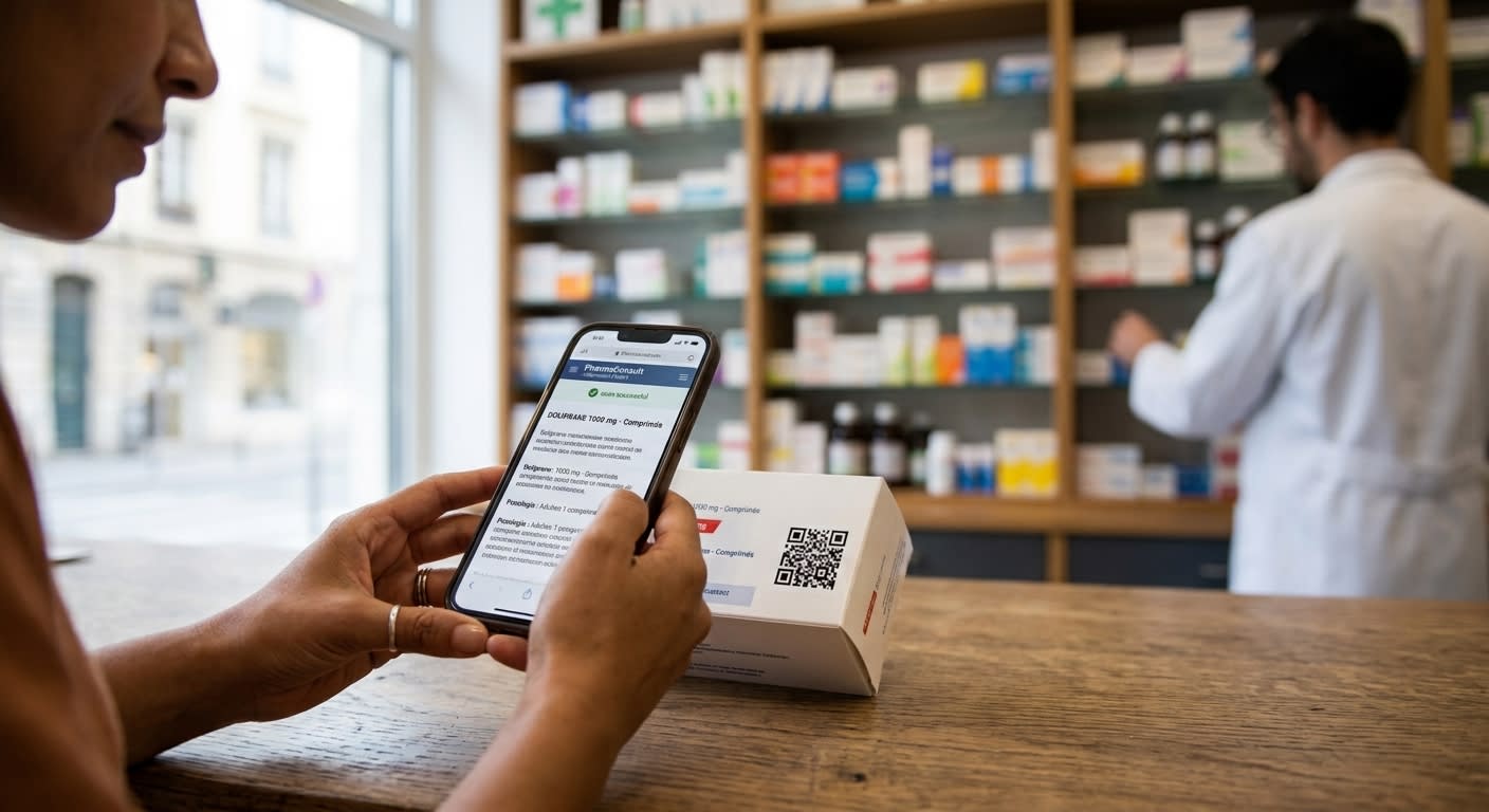 Boîte de médicaments avec un QR code scanné par un smartphone, comptoir de pharmacie en arrière-plan, ambiance sobre