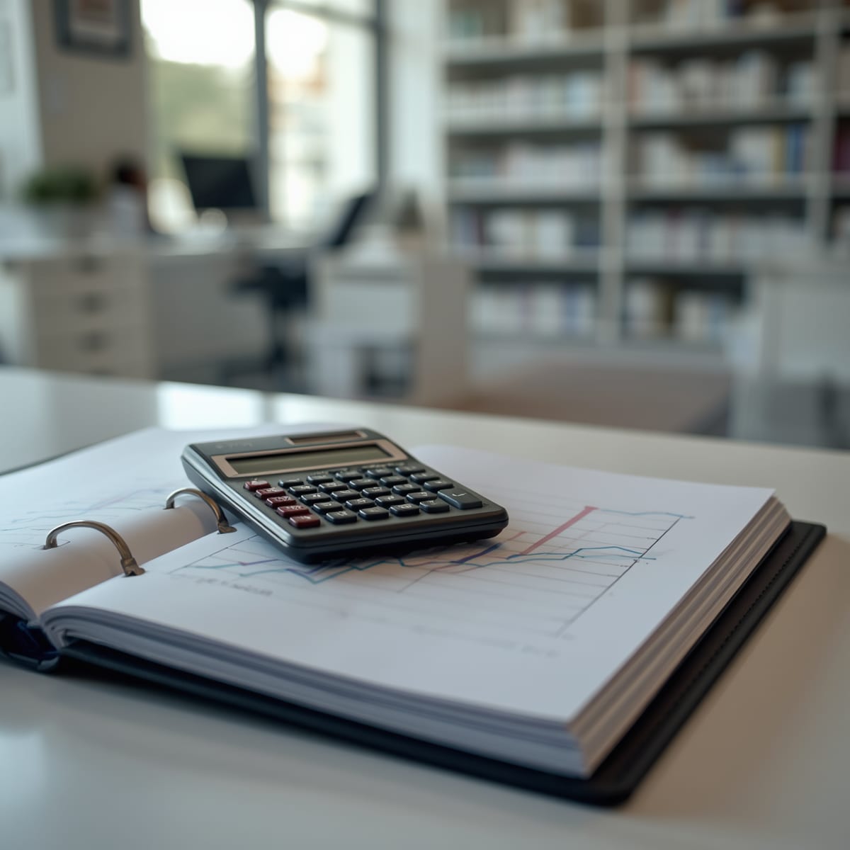 Calculatrice, bilan comptable et stylo sur un bureau de back-office d'officine