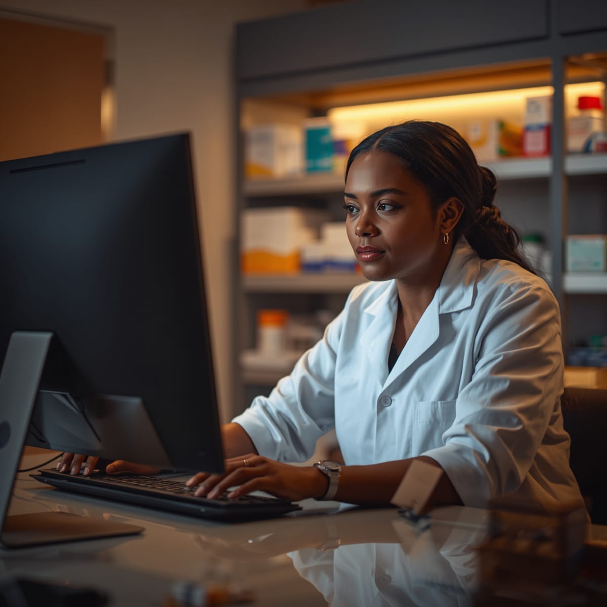 Pharmacien hospitalier vérifiant la disponibilité d'un médicament sur ordinateur