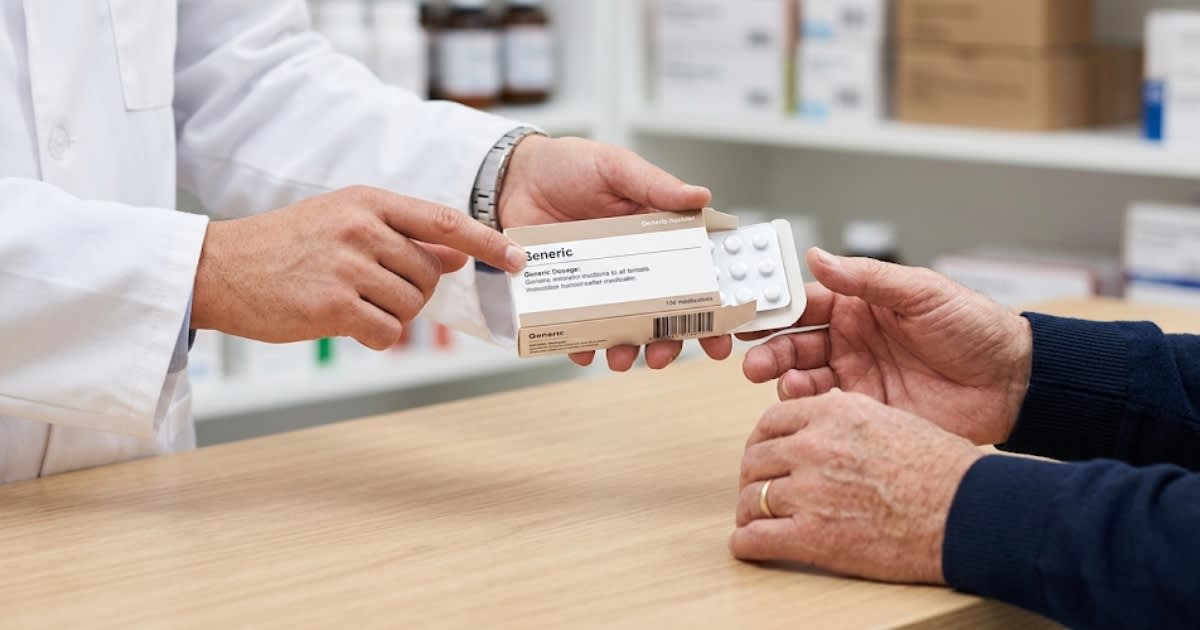 Pharmacien en discussion avec un patient au comptoir, boîte de médicament antalgique visible, ambiance officine sobre