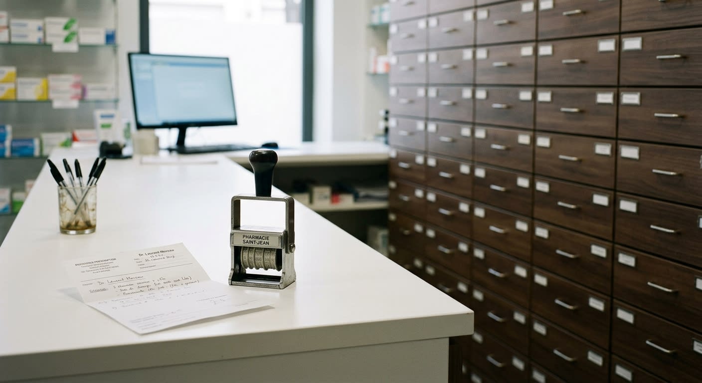 Comptoir de pharmacie avec une ordonnance et un tampon, ambiance sobre
