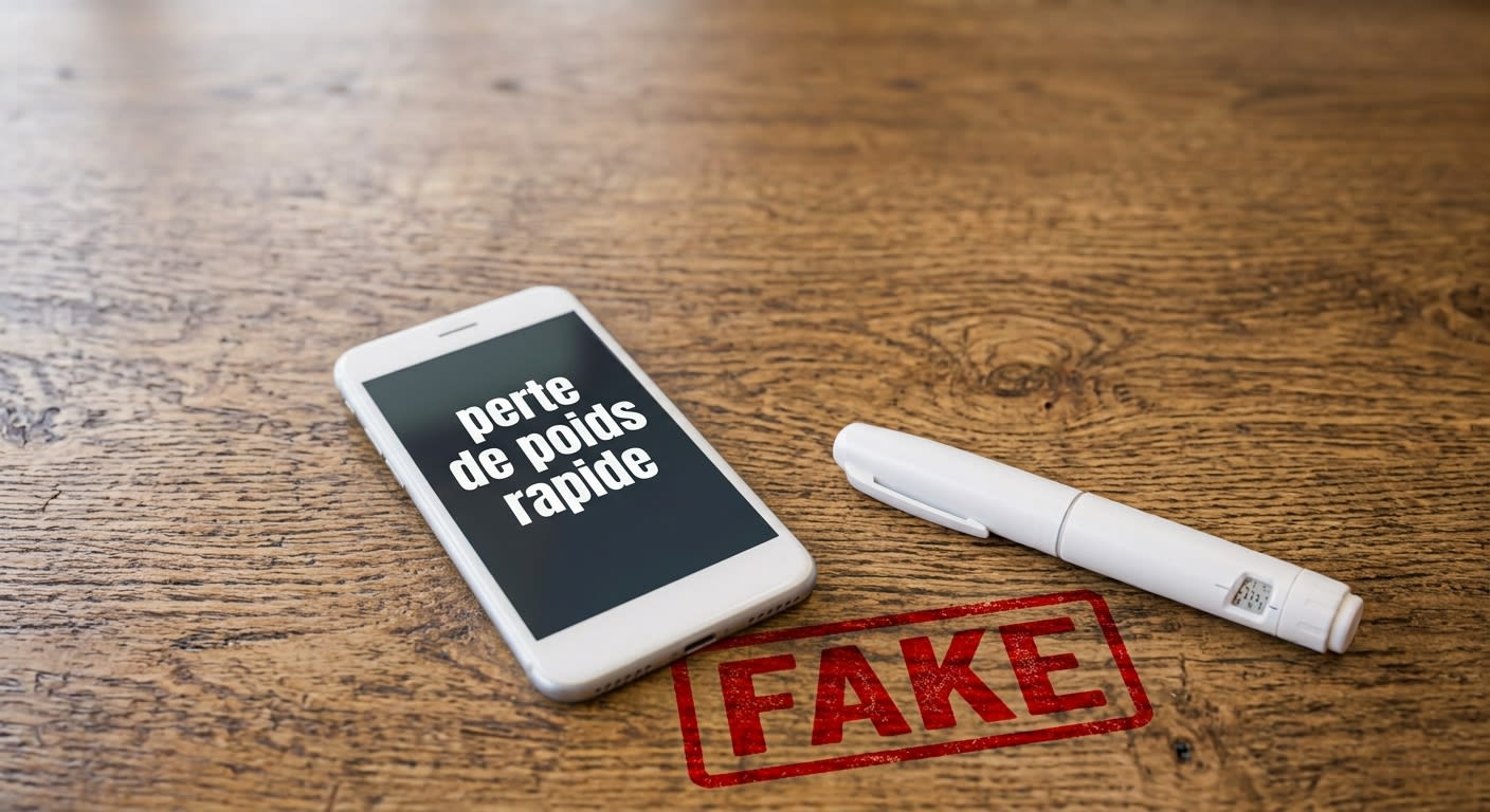 Écran d'ordinateur affichant un site internet barré d'un panneau d'interdiction, comptoir de pharmacie en arrière-plan, ambiance sobre