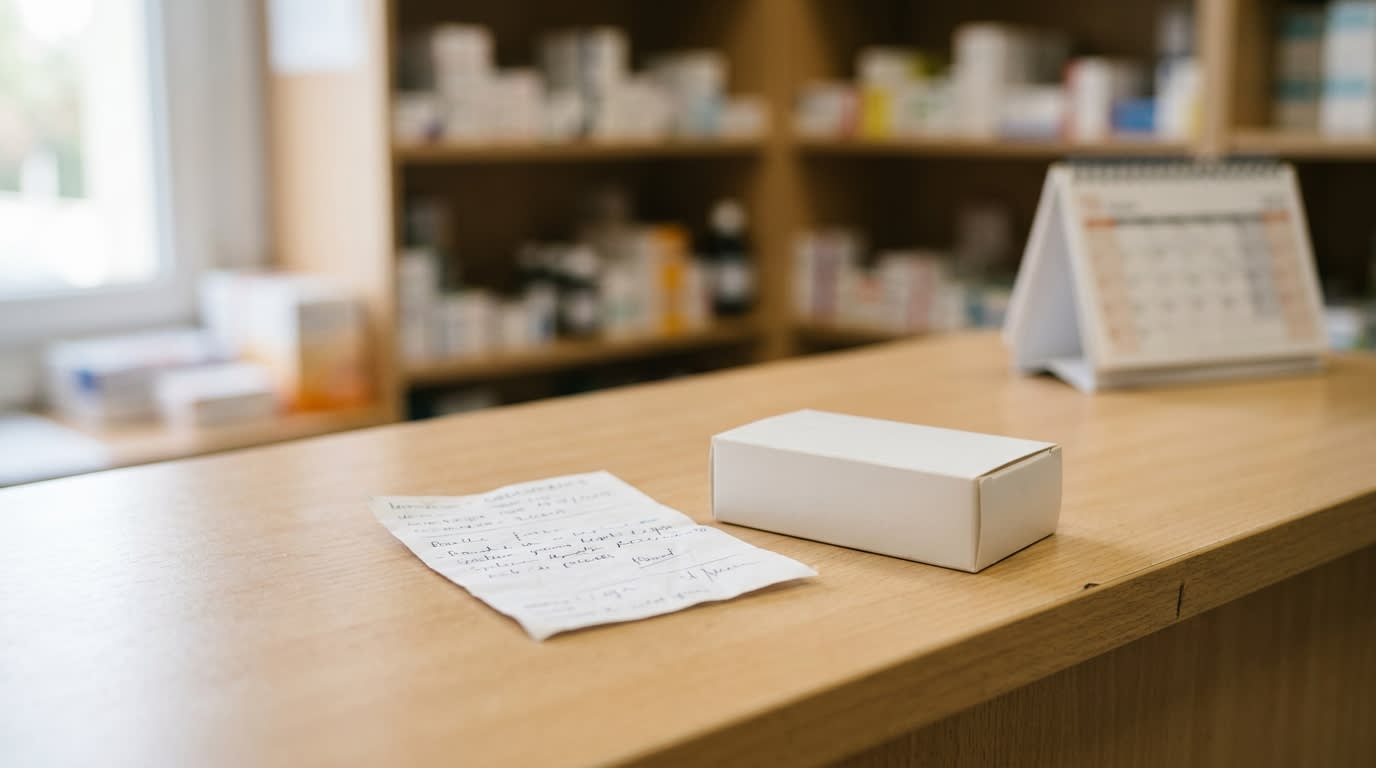 Ordonnance papier et boîte de médicament posées sur un comptoir de pharmacie, calendrier en arrière-plan flou, ambiance sobre