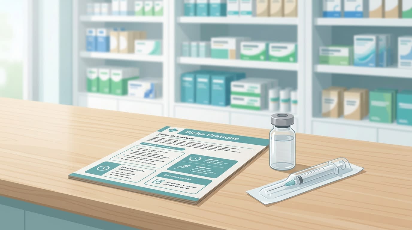 Fiche pratique et flacon de vaccin posés sur un comptoir de pharmacie, illustration sobre