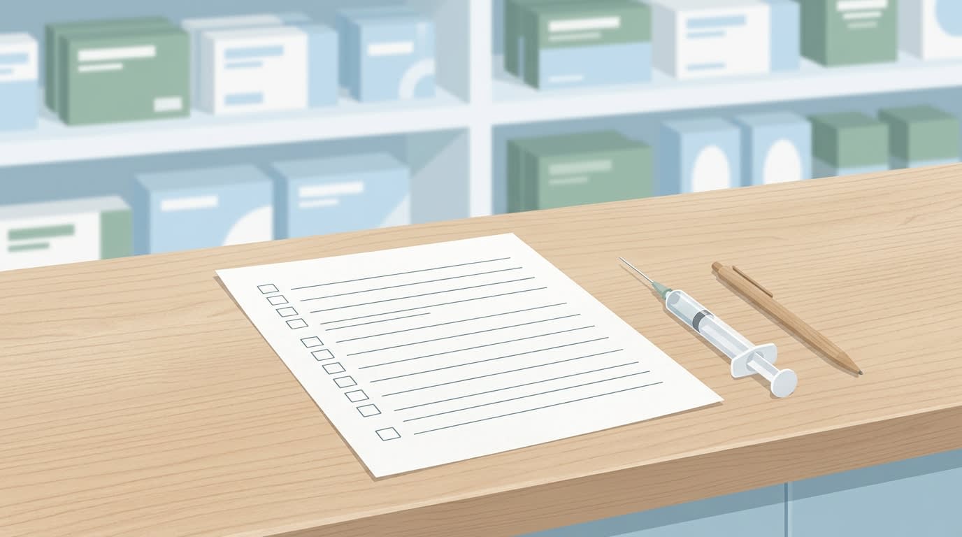 Fiche pratique et seringue de vaccin posées sur un comptoir de pharmacie, illustration sobre