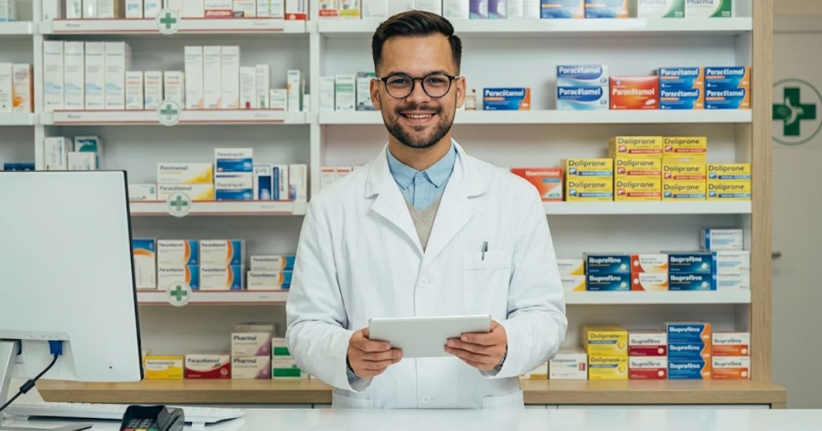 Comptoir de pharmacie avec préparateur en blouse blanche, ambiance officine sobre