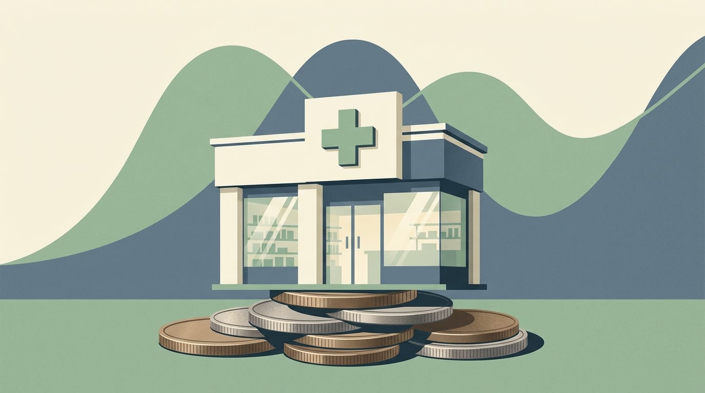 Façade de pharmacie et pièces de monnaie symbolisant l'investissement, illustration sobre