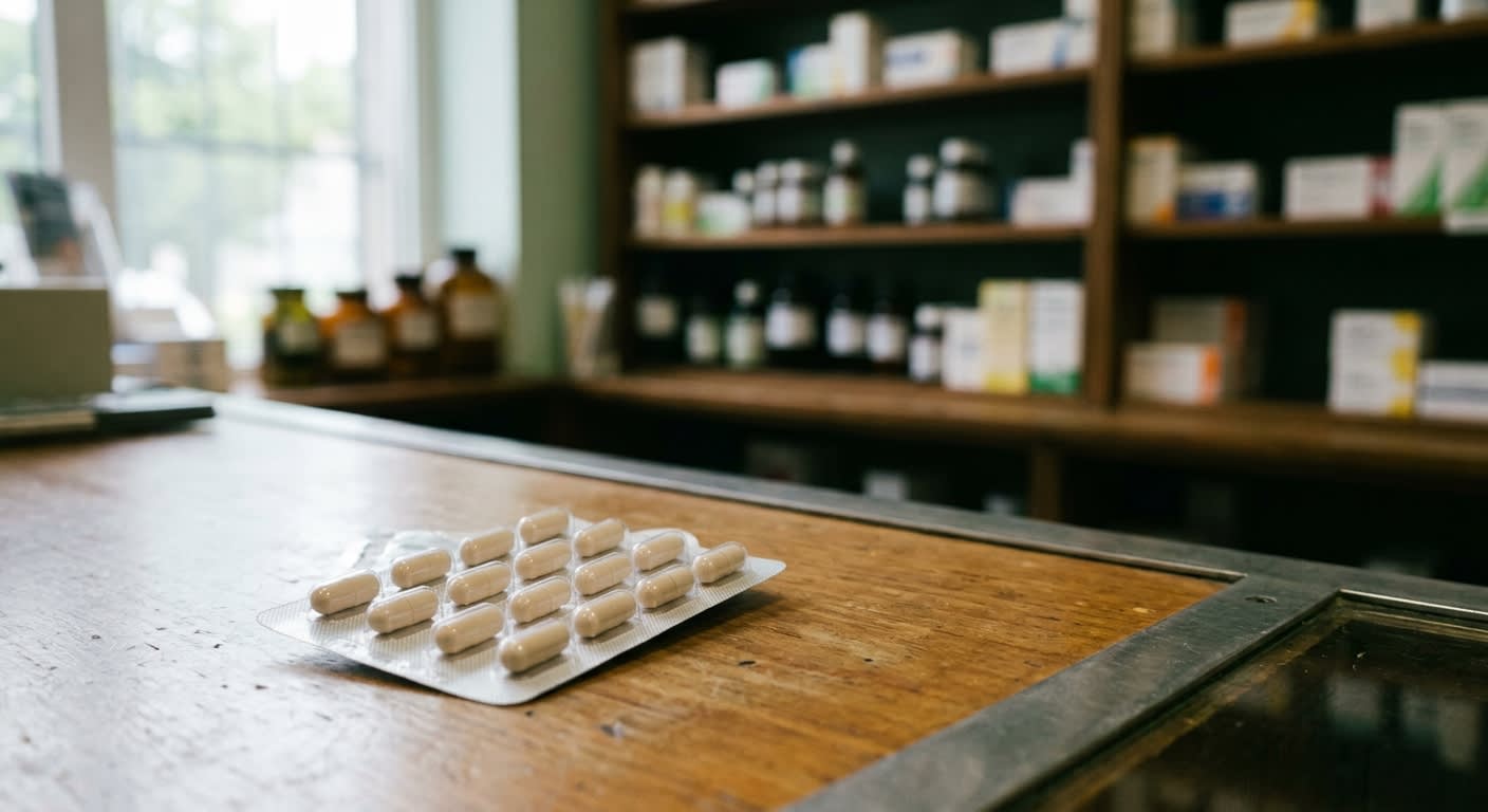 Plaquette de gélules posée sur un comptoir de pharmacie, ambiance sobre