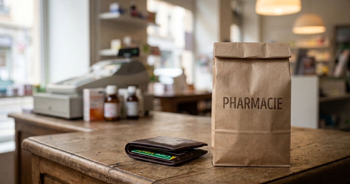 Ticket de caisse posé sur un comptoir de pharmacie, ambiance sobre
