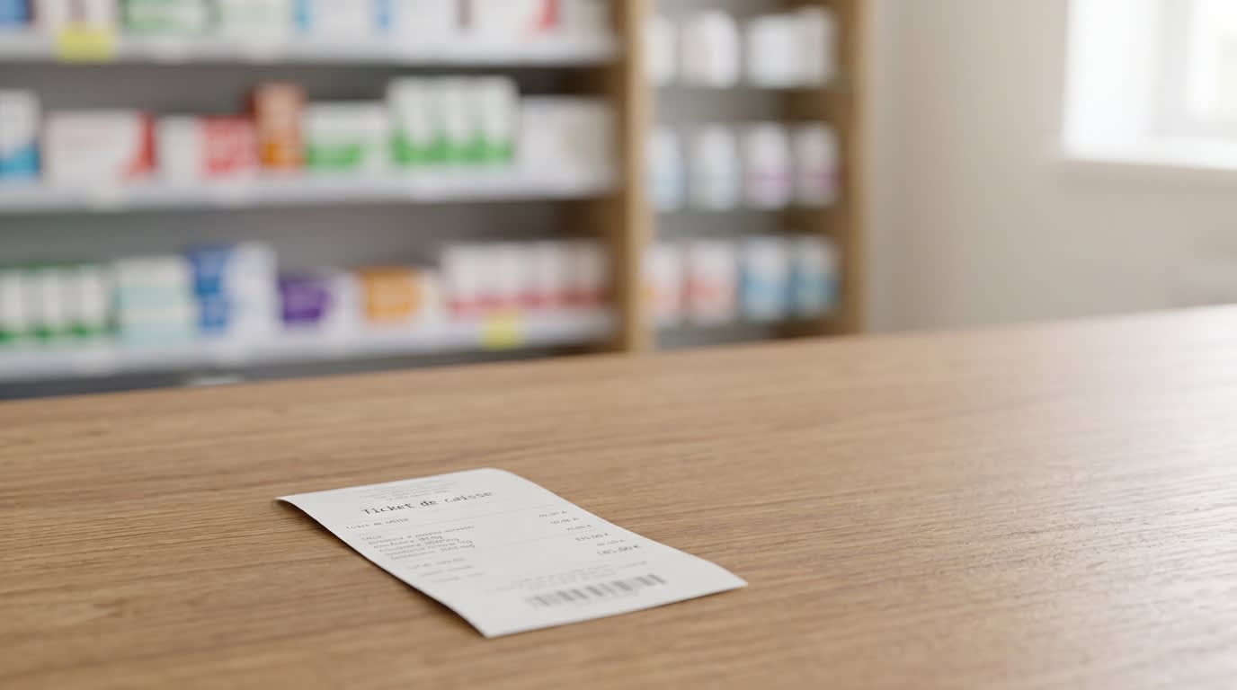 Ticket de caisse et boîtes de médicaments sur un comptoir de pharmacie, ambiance sobre