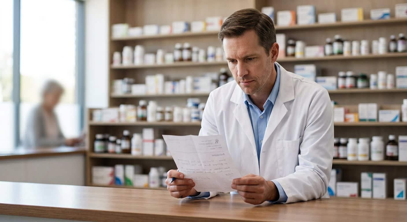 Pharmacien examinant une ordonnance au comptoir d'une pharmacie, ambiance sobre