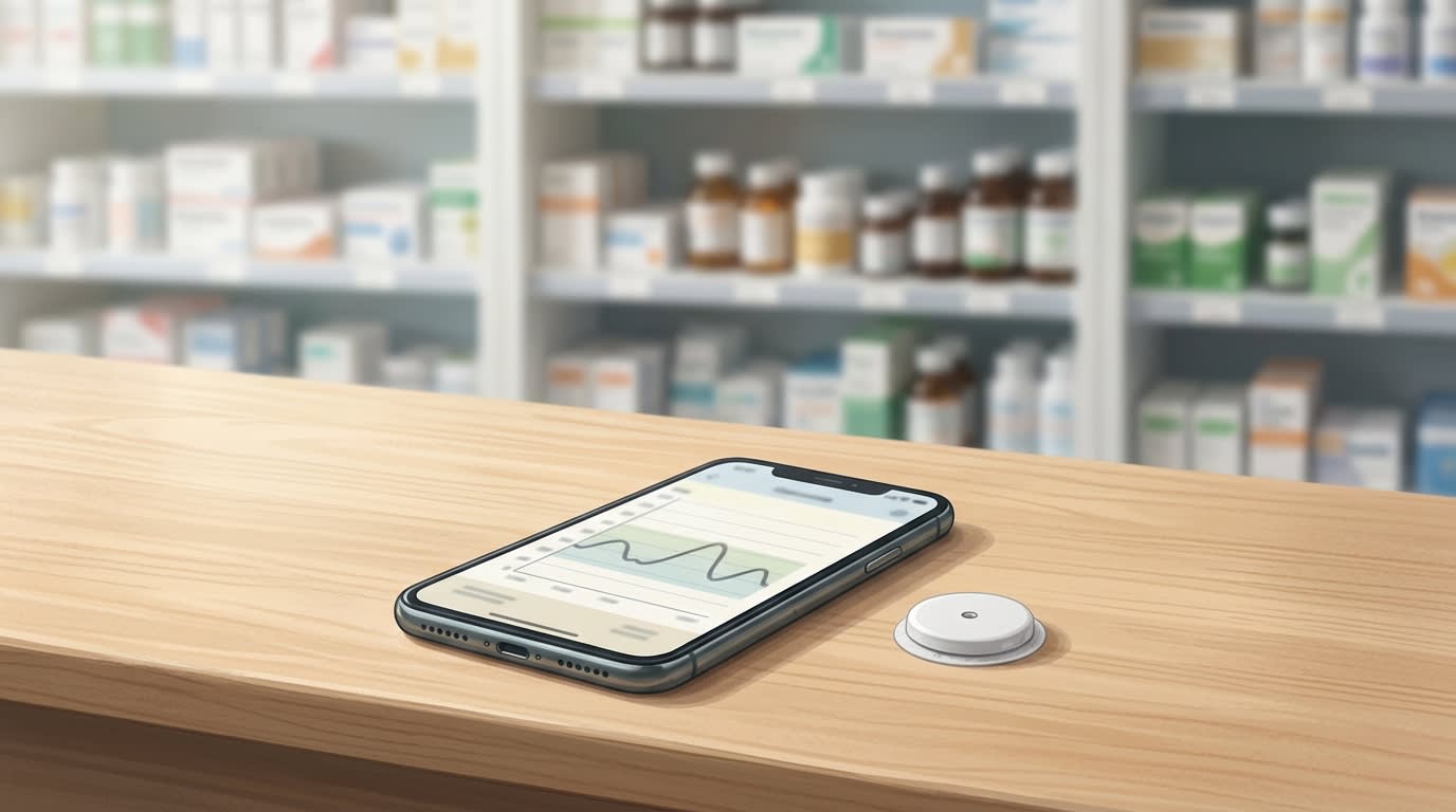 Smartphone affichant une application de suivi du glucose posé à côté d'un capteur sur un comptoir de pharmacie, ambiance sobre