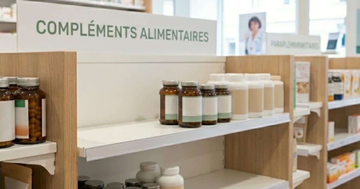 Rayon compléments alimentaires en officine avec étiquette de retrait, ambiance sobre
