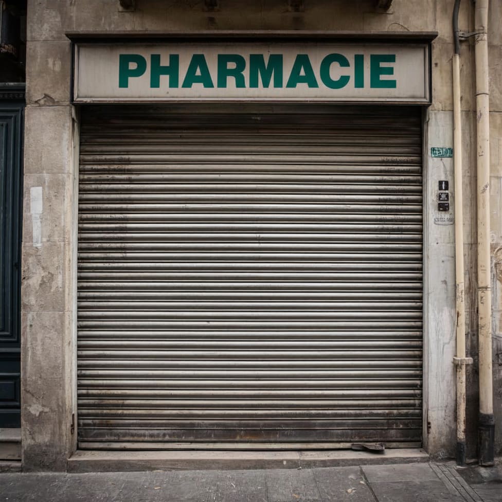 Devanture d'officine avec panneau fermé pour grève