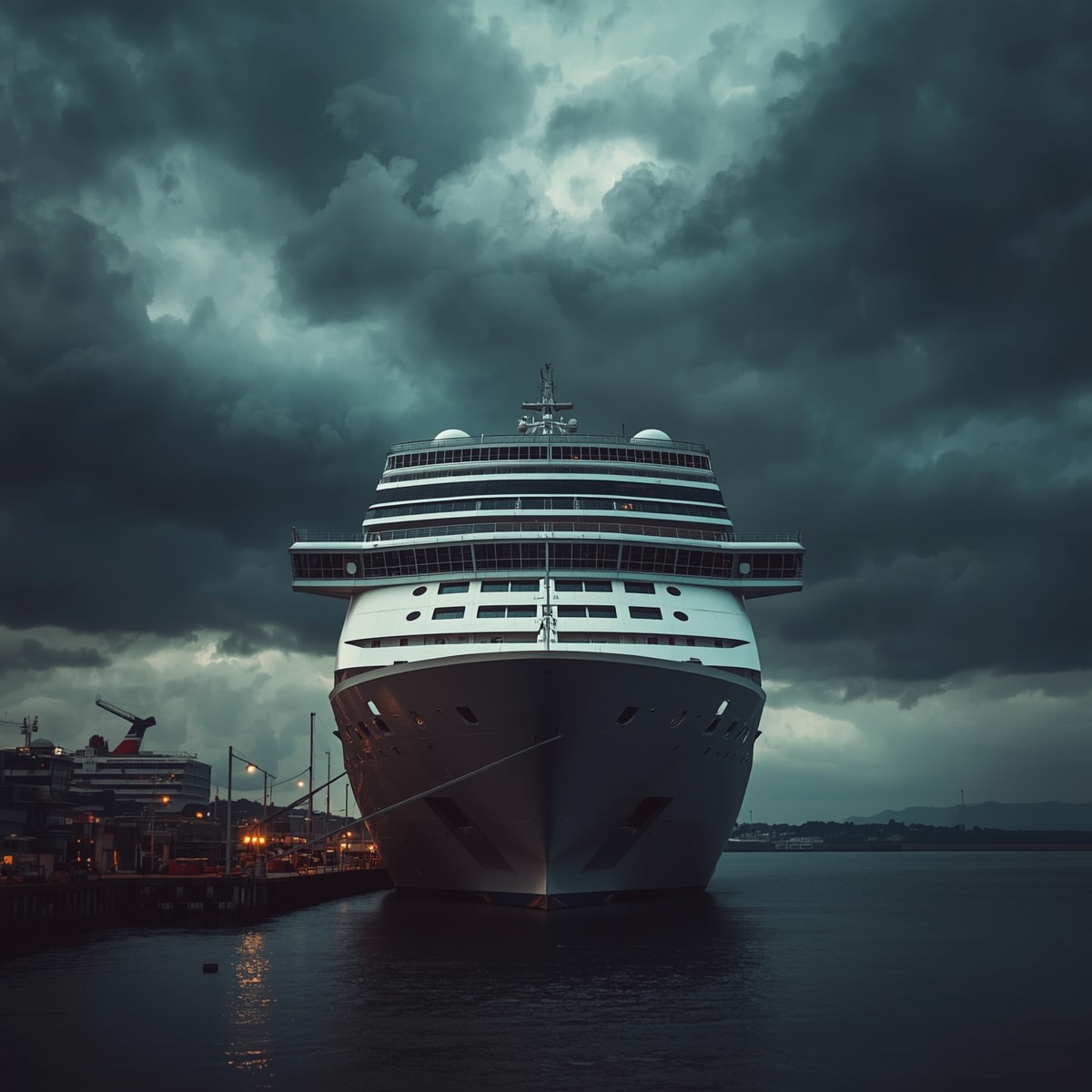 Paquebot de croisière au port sous un ciel orageux