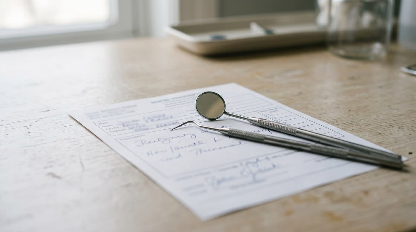 Boîte d'antibiotiques et ordonnance posées sur un comptoir de pharmacie, ambiance sobre