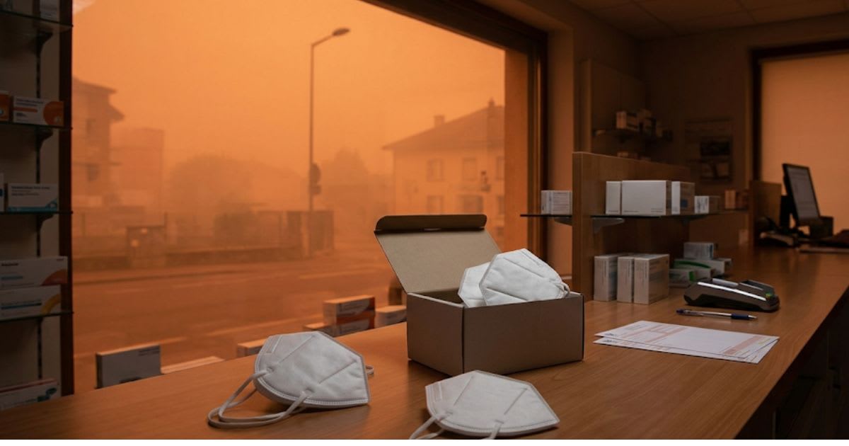 Pharmacie d'officine avec des masques FFP2 sur le comptoir, ambiance sobre