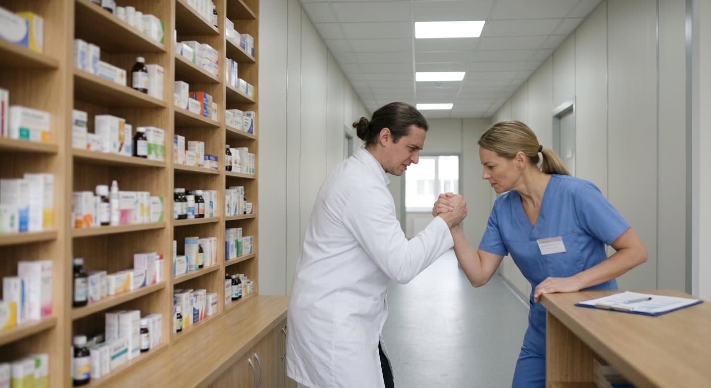 Comptoir de pharmacie, ambiance sobre