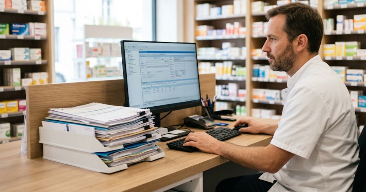 Pharmacien au comptoir devant un écran d'ordinateur avec des formulaires administratifs, ambiance sobre