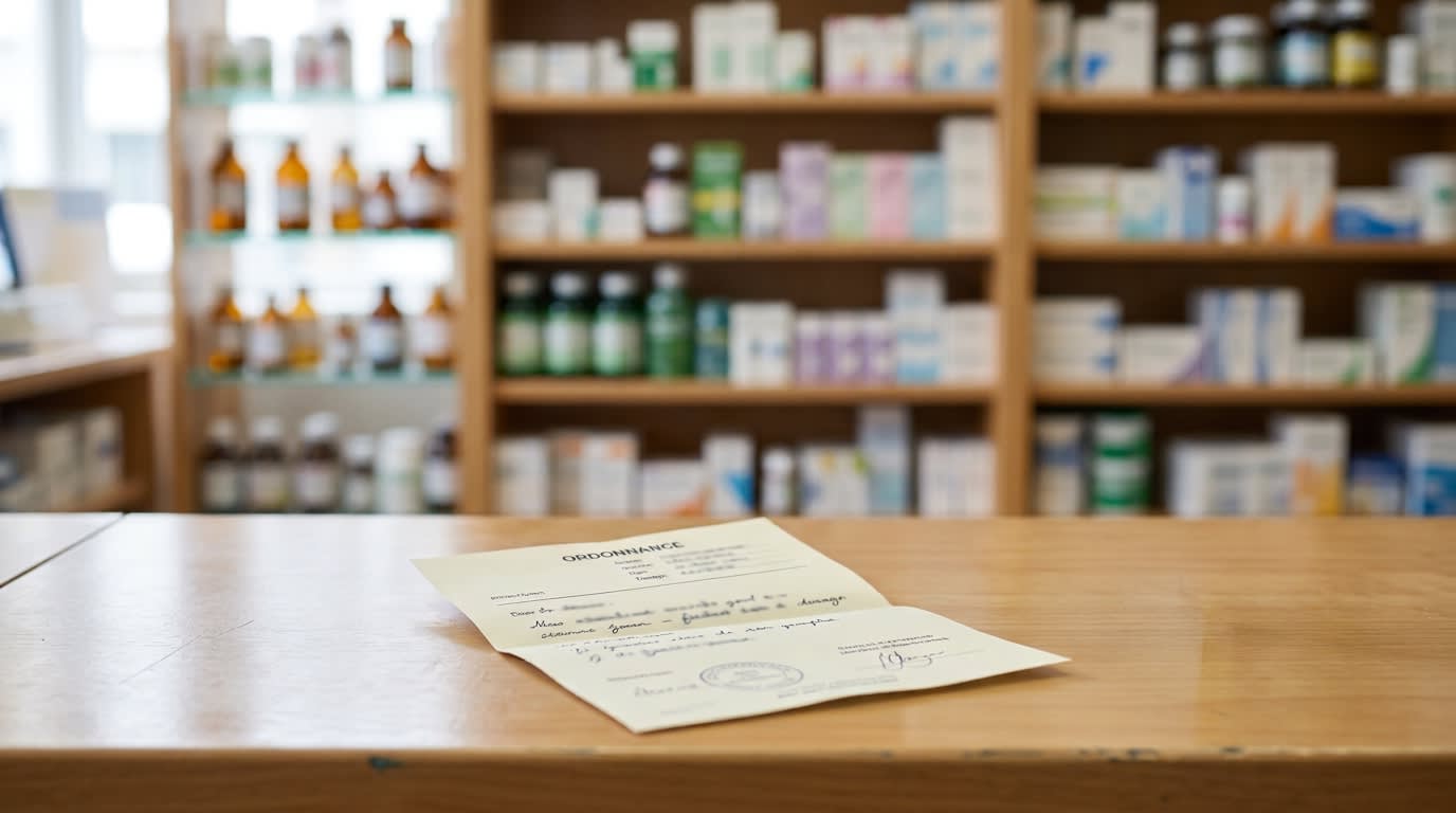 Ordonnance posée sur un comptoir de pharmacie en bois, étagères de médicaments en arrière-plan