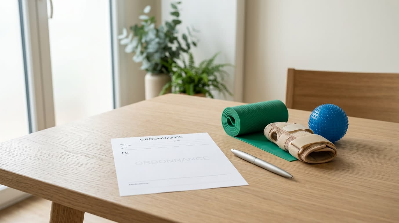 Ordonnance et matériel de rééducation posés sur un bureau, ambiance sobre