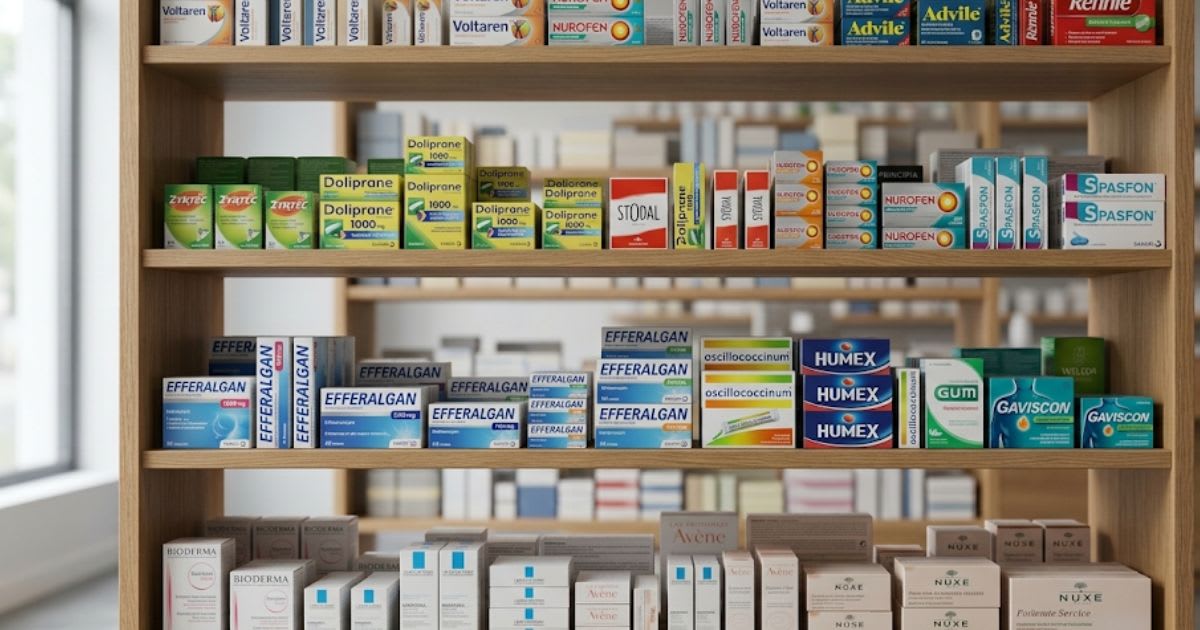 Étagères de pharmacie remplies de boîtes de médicaments, ambiance sobre
