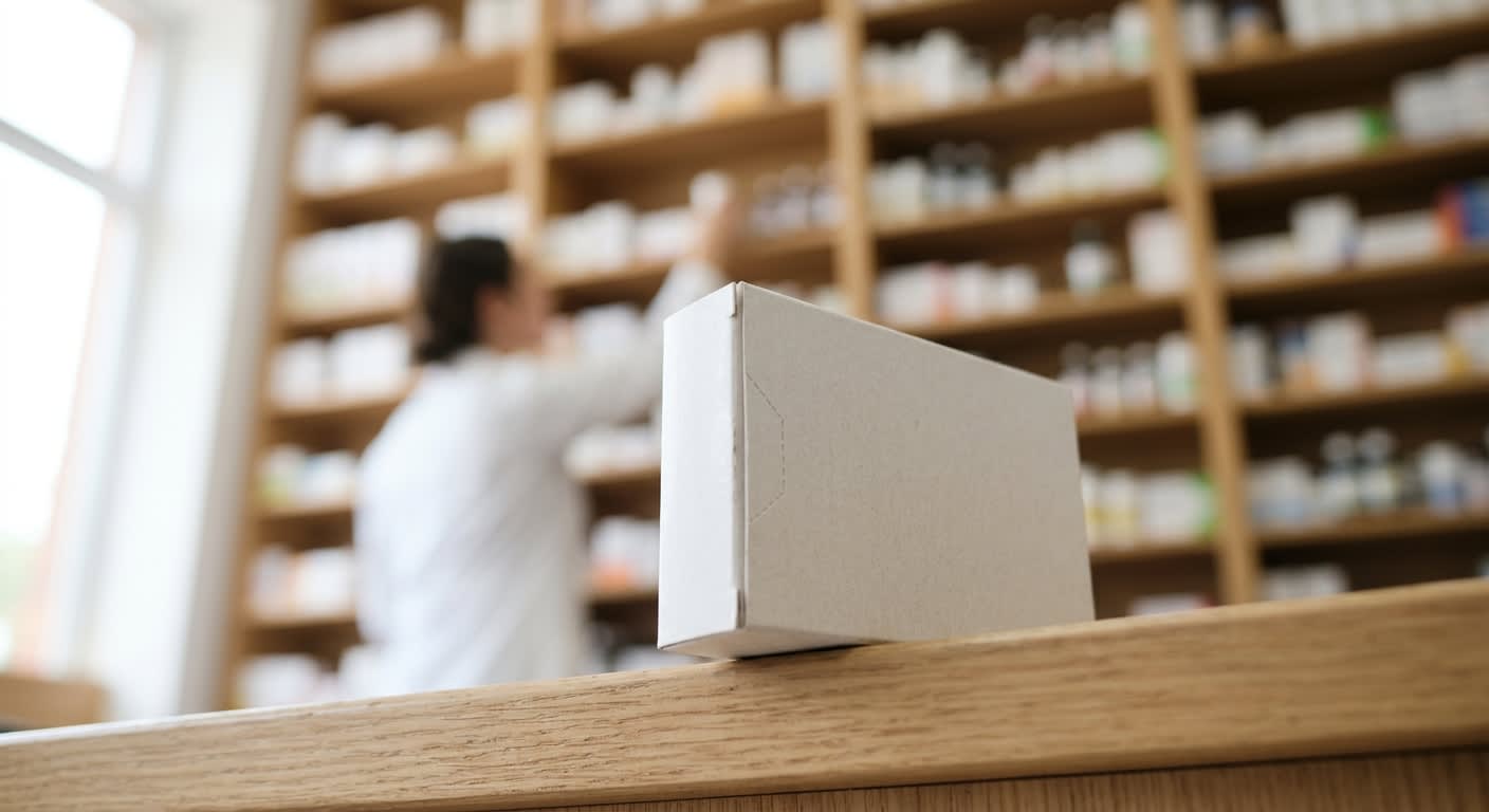 Boîte de comprimés posée sur un comptoir de pharmacie, ambiance sobre