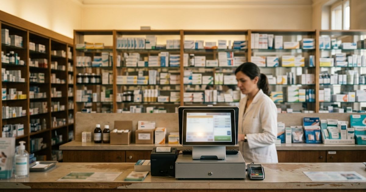 Comptoir de pharmacie vu de face avec caisse enregistreuse et écran, ambiance sobre