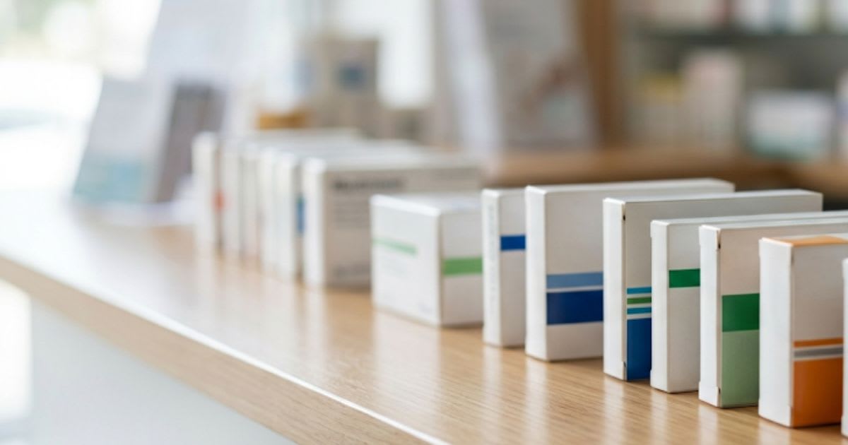 Boîtes de médicaments classiques alignées sur un comptoir de pharmacie, ambiance sobre