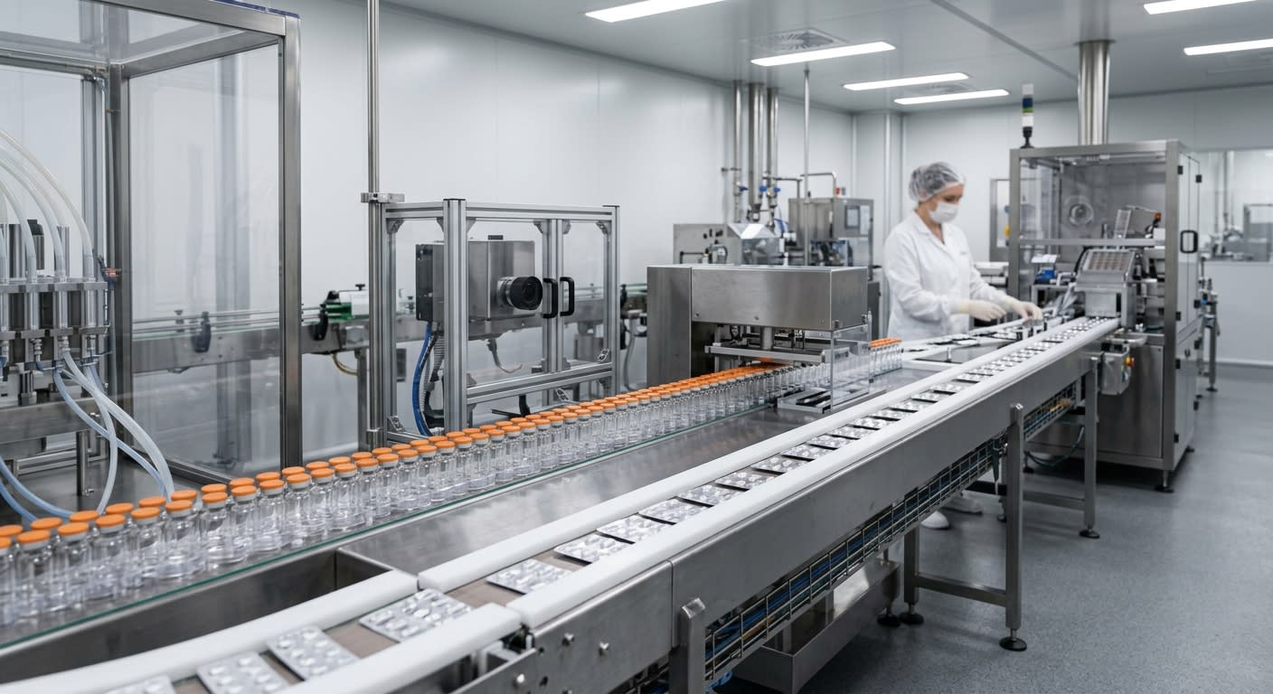 Ligne de production pharmaceutique, ambiance industrielle sobre