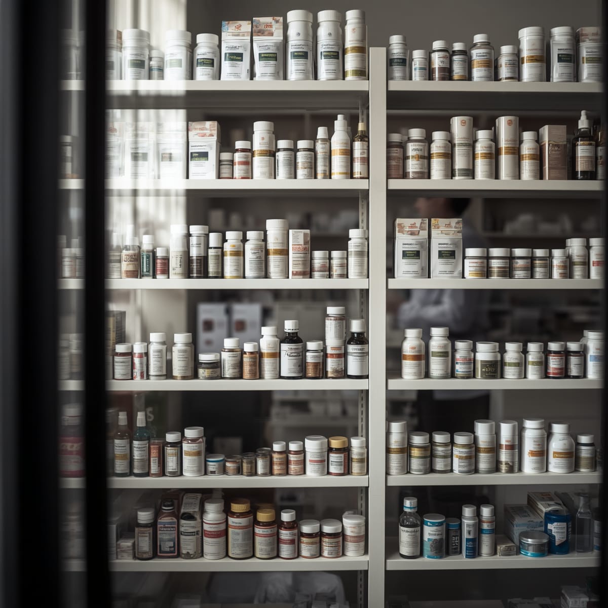 Plaquettes de comprimés sur comptoir de pharmacie, ambiance officine sobre