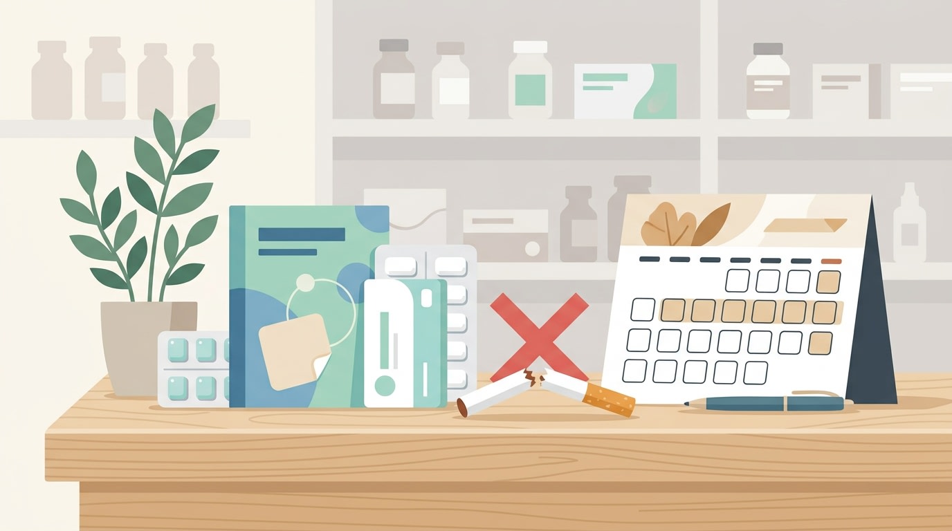 Comptoir de pharmacie avec des substituts nicotiniques, ambiance sobre