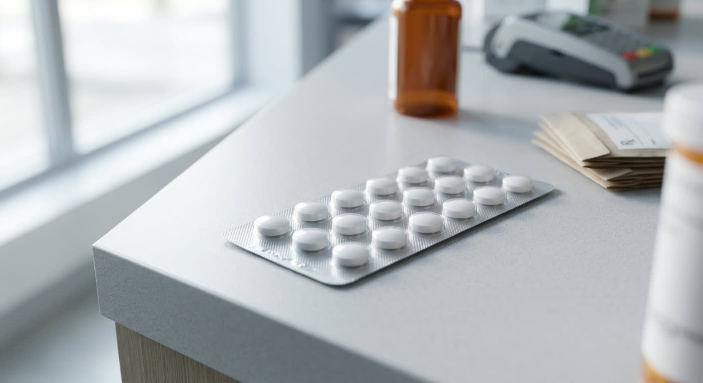Plaquette de comprimés pelliculés posée sur un comptoir de pharmacie, ambiance sobre