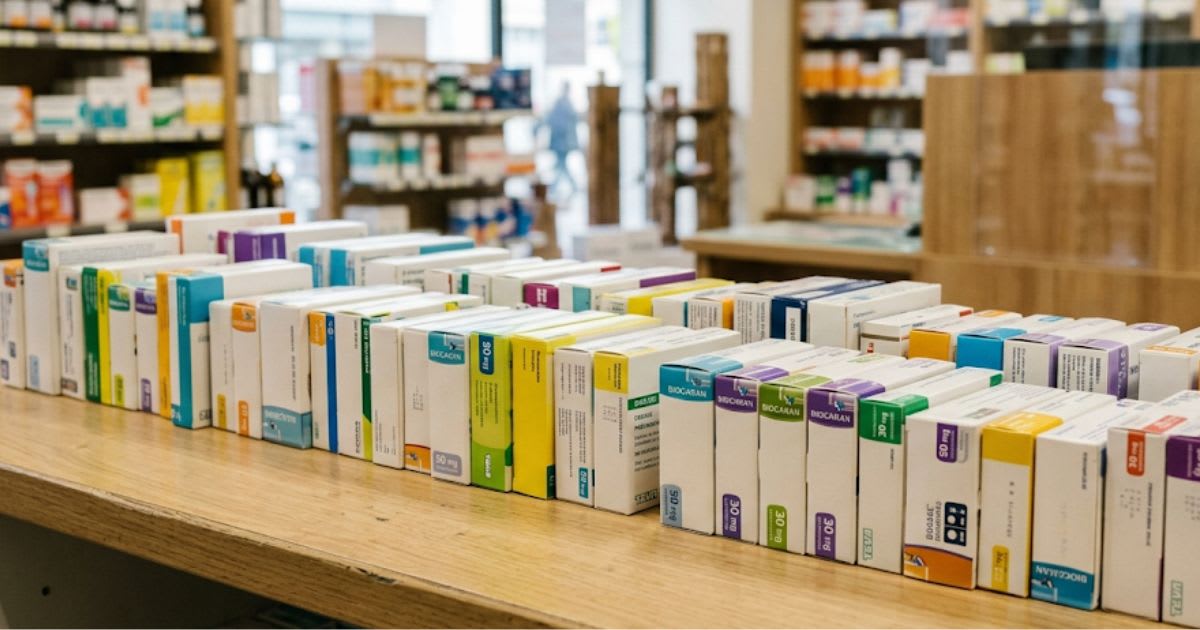 Boîtes de médicaments génériques alignées sur un comptoir de pharmacie, ambiance sobre