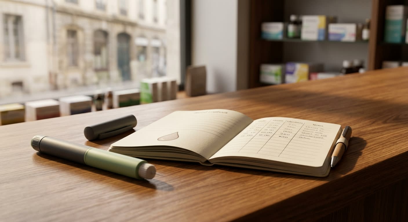Stylo à insuline posé sur un comptoir de pharmacie, ambiance sobre