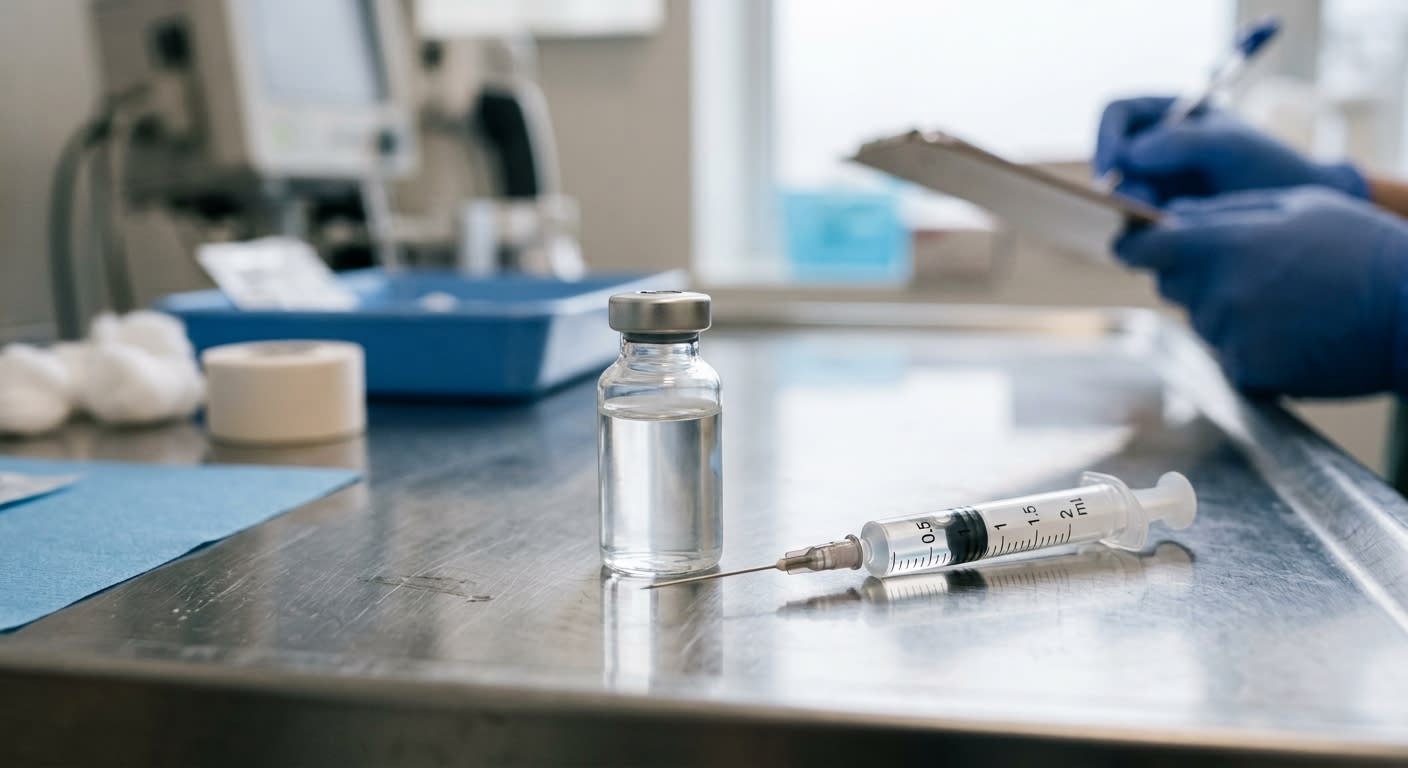 Flacon de vaccin antigrippal et seringue posés sur une paillasse, ambiance sobre