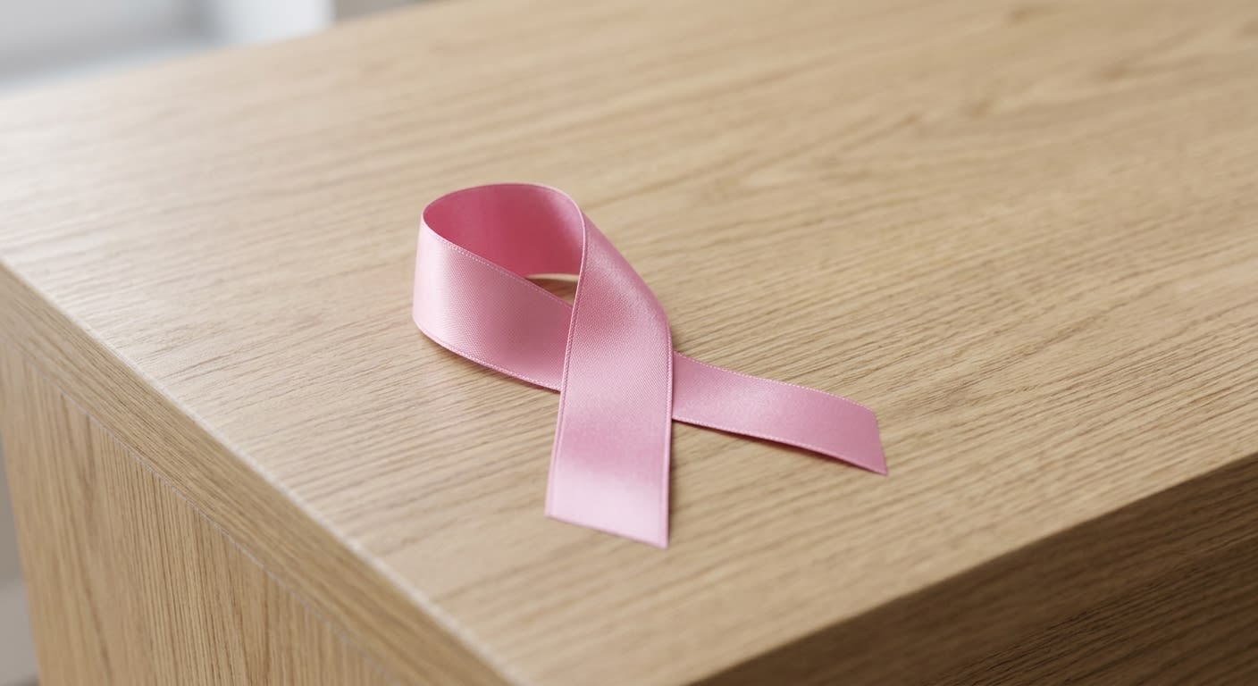 Ruban rose symbole de la lutte contre le cancer du sein posé sur un comptoir, ambiance sobre