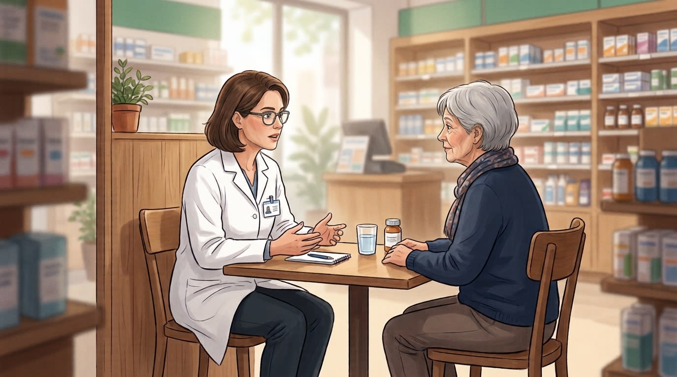 Illustration : une pharmacienne échange avec une patiente assise à une table dans une officine