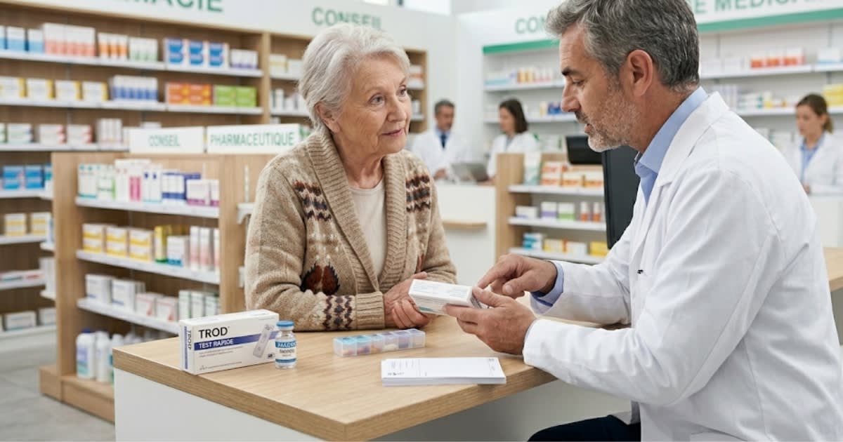 Pharmacien en blouse blanche consultant un dossier patient au comptoir, ambiance officine sobre