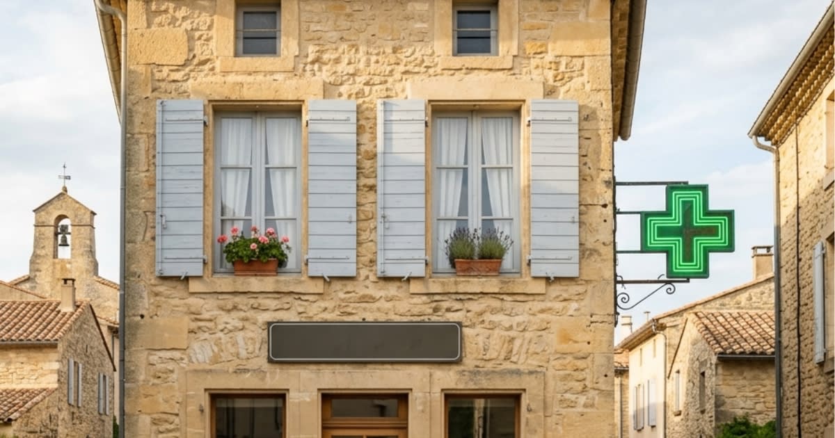 Façade d'une officine de village, ambiance rurale, lumière douce