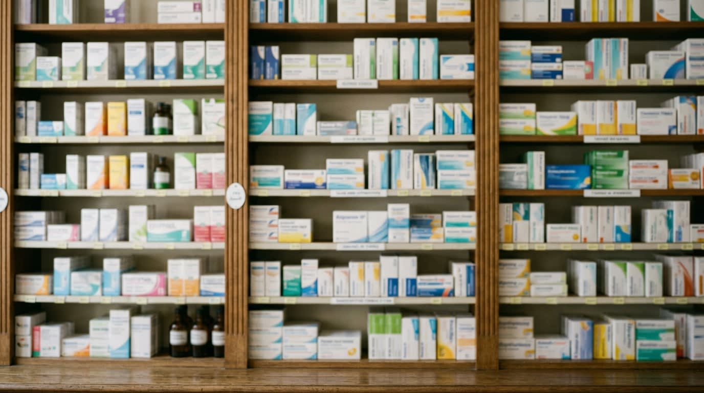 Plaquettes de comprimés rangées dans un tiroir de pharmacie, ambiance sobre