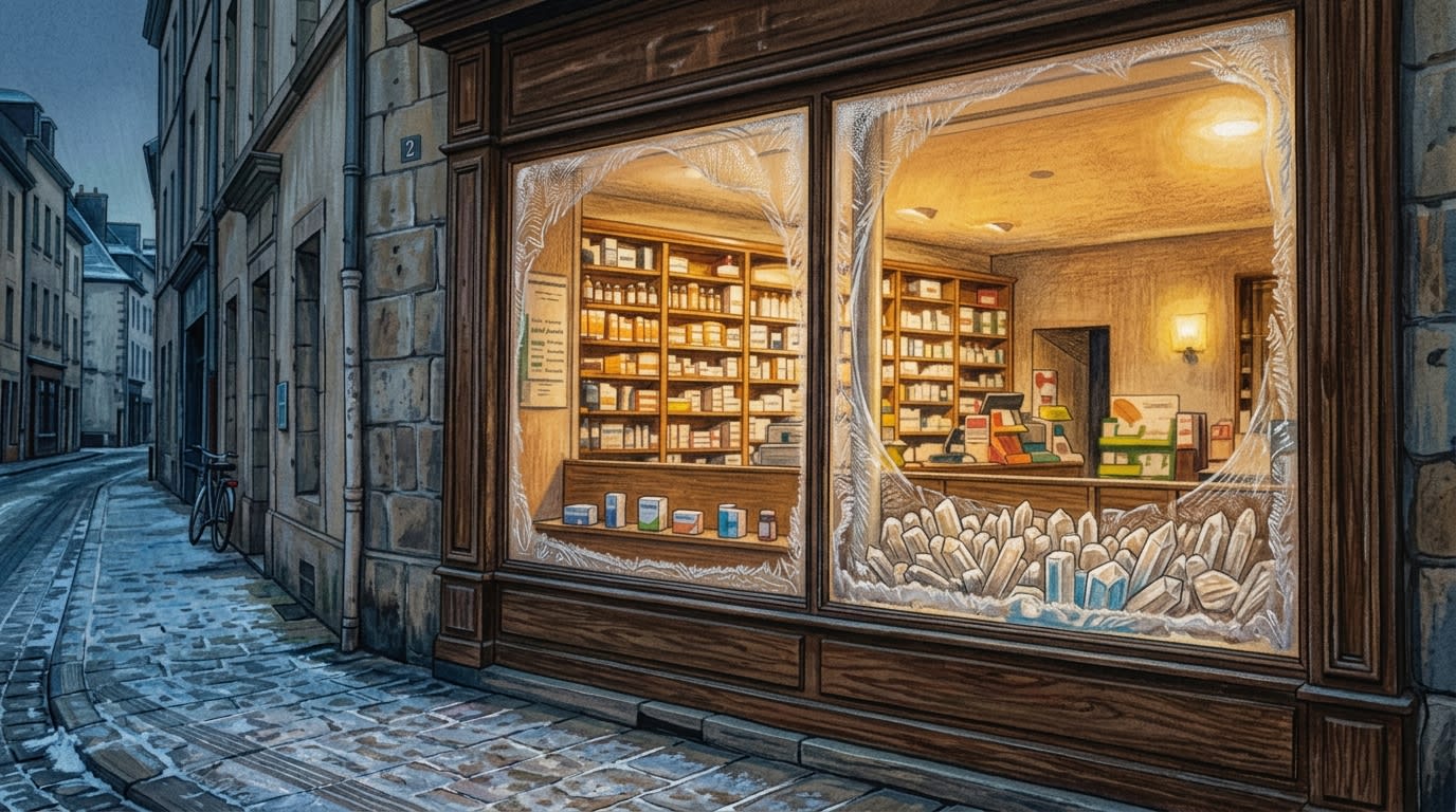 Étagère de pharmacie garnie de boîtes de médicaments, lumière froide d'hiver, ambiance sobre