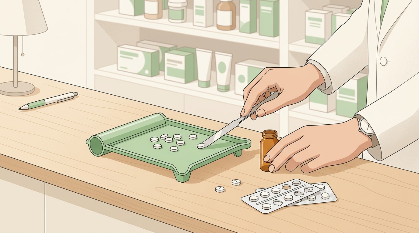 Comprimés détachés d'une plaquette sur un comptoir de pharmacie, illustration sobre