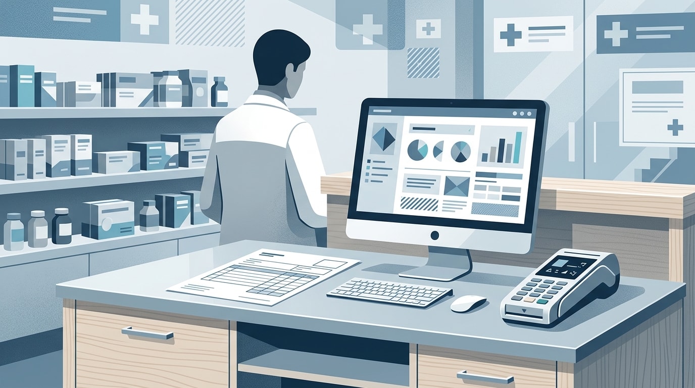 Écran de logiciel de facturation et lecteur de carte sur un comptoir de pharmacie, illustration sobre