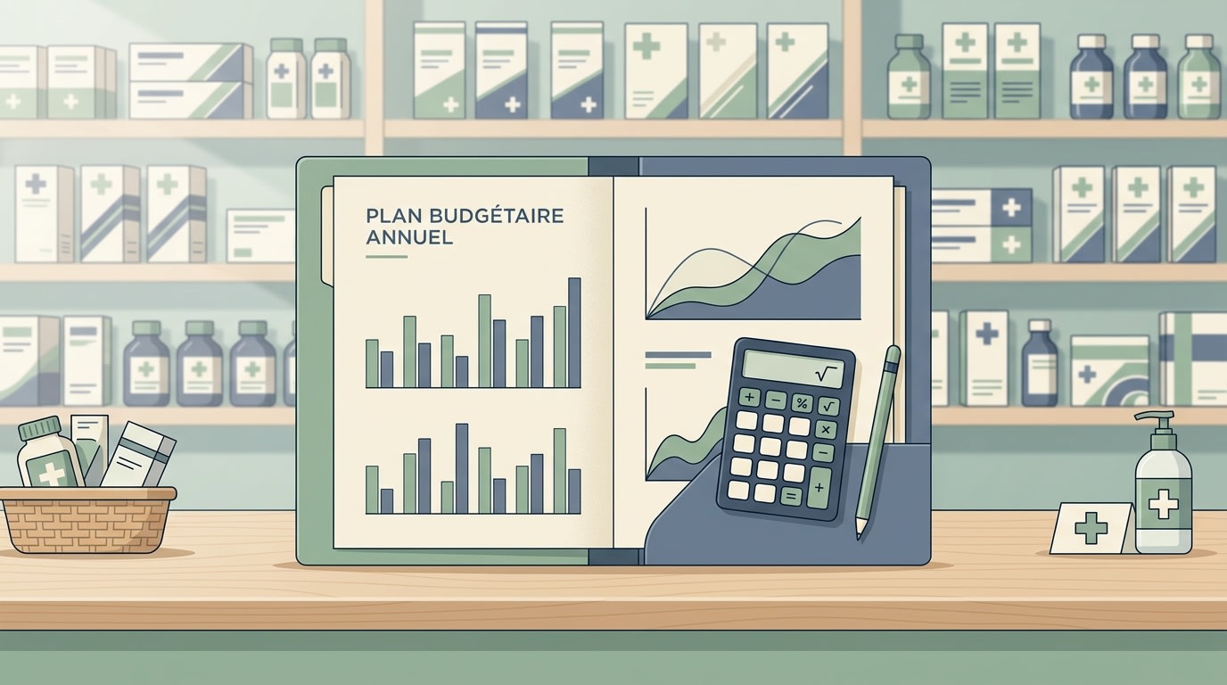 Document budgétaire posé sur un comptoir de pharmacie, illustration sobre