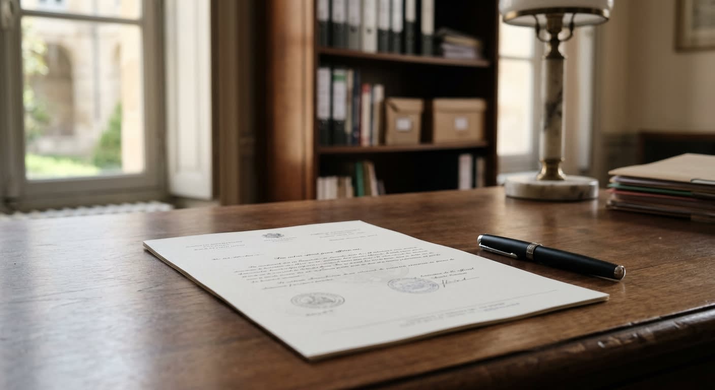 Document officiel posé sur un bureau, ambiance institutionnelle sobre