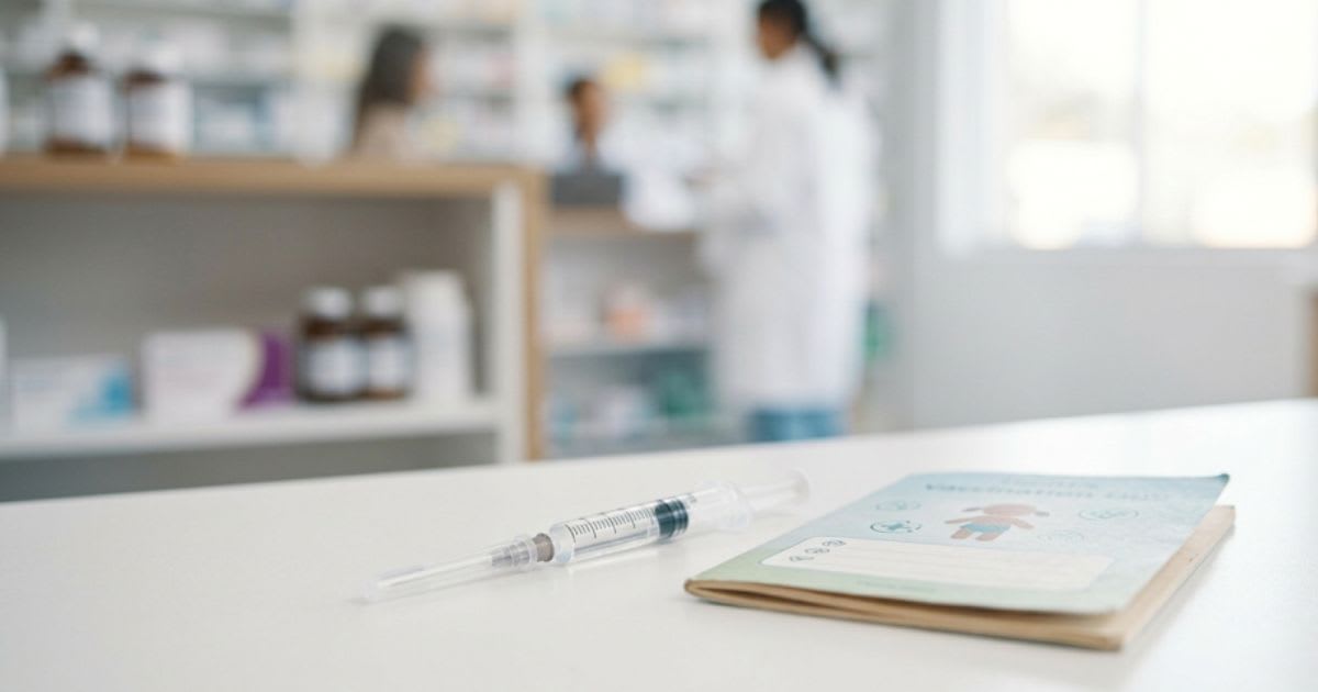 Seringue de vaccin posée sur un carnet de vaccination, ambiance sobre et professionnelle