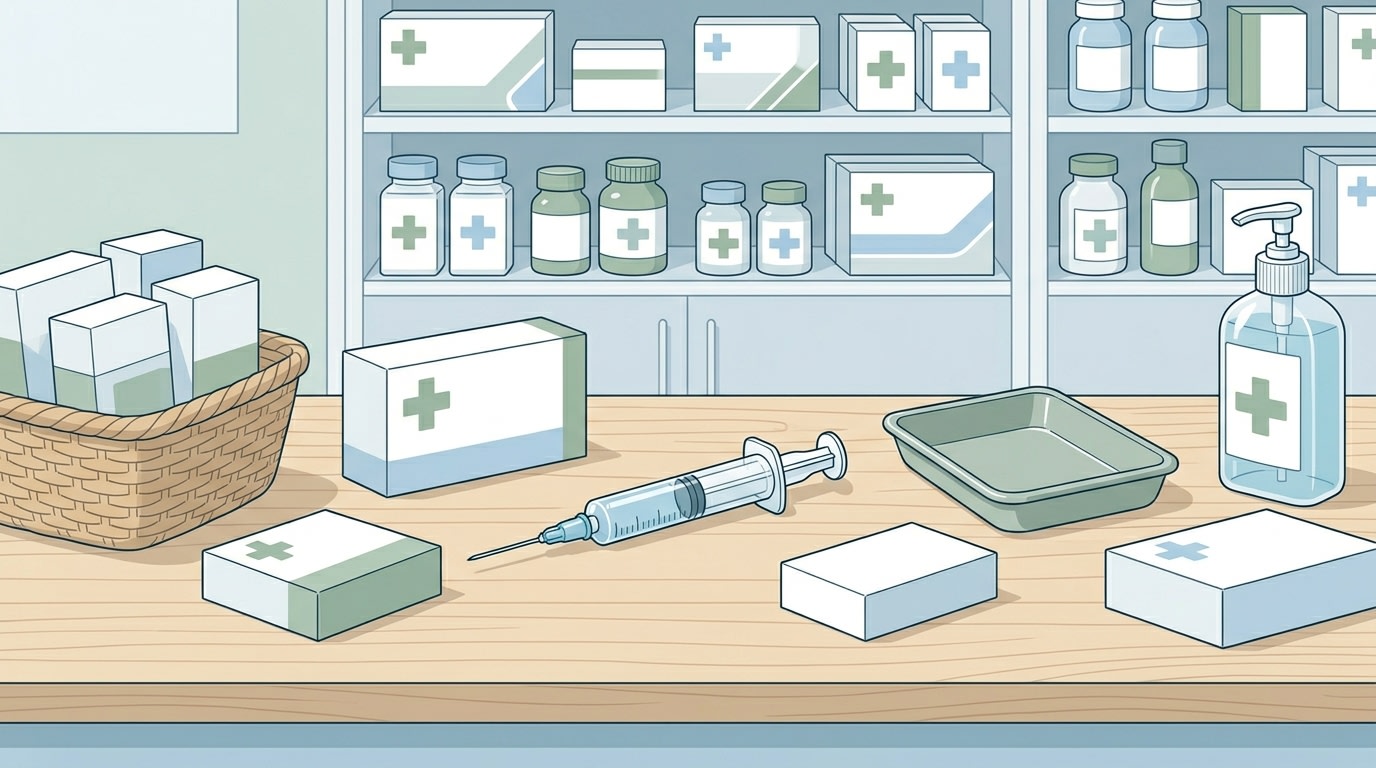 Seringue préremplie de vaccin posée sur un comptoir de pharmacie, illustration sobre